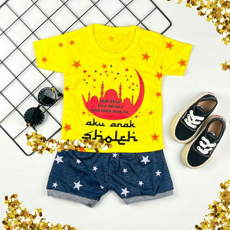 Setelan kaos Anak Bayi Laki Laki   Aku anak Sholeh fashion baju muslim anak cowok Keren Kekinian Ter