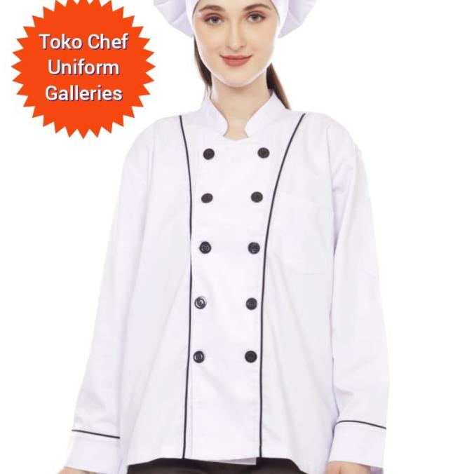 Chef Uniform Seragam Koki Lengan Panjang List Hitam Premium Quality