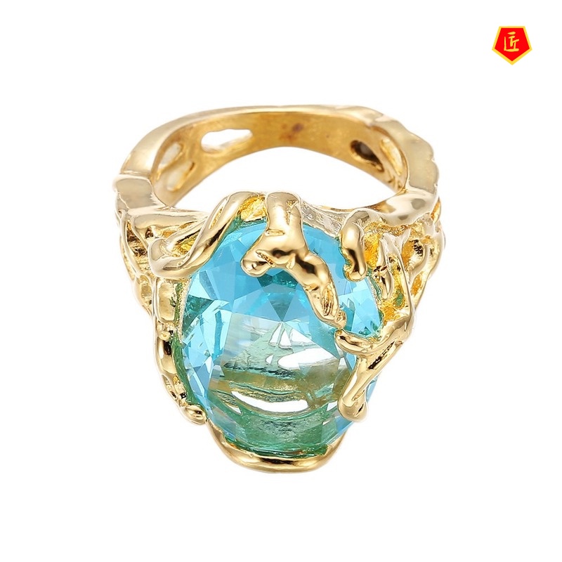 [Ready Stock]Fashion Elegant 18K Gold Blue Crystal Hollow Ring