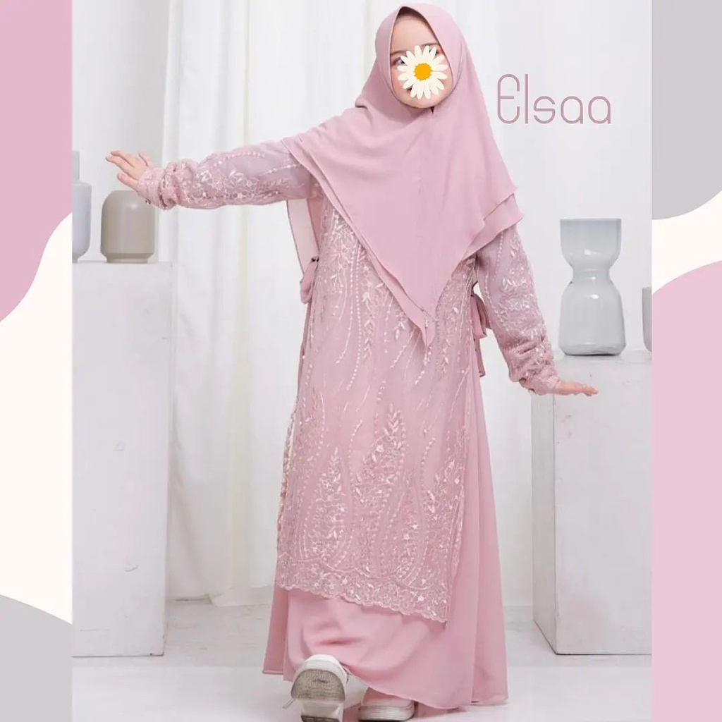 Elsaa / Gamis Anak Cewek Terbaru Matt Moscrepe Mix Brokat / Fashion Muslim Anak Perempuan Kekinian / GOM