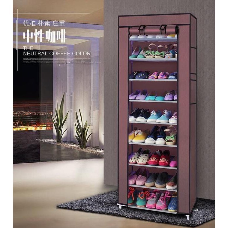 PROMO Rak Sepatu 10 Tingkat + Cover Debu POLOS (9 ruang) Portable Shoes Rack Rak Sepatu cm 60 X 160 Susun Rakitan / Shoes Rack with Dust Cover