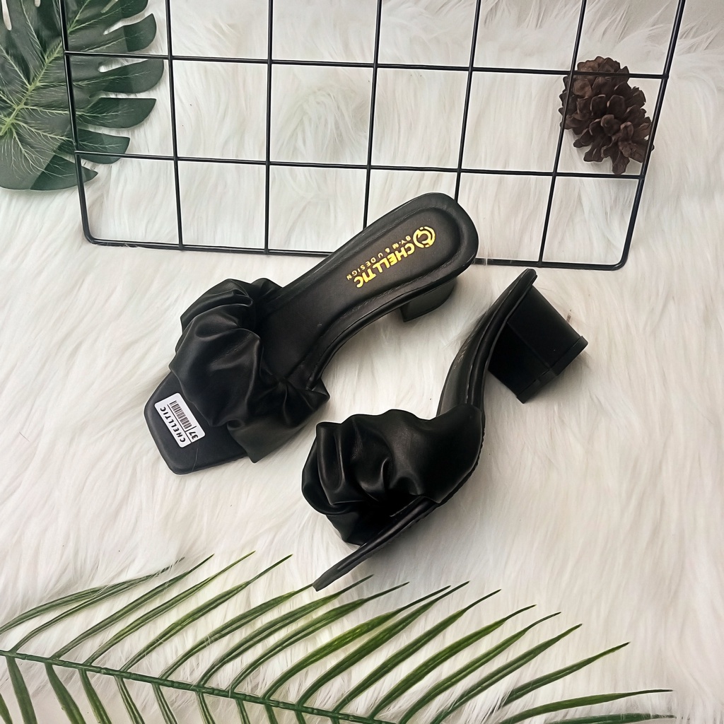 High Heels Wanita Aksen Kerut Sandal Hak Tahu 5CM Chelltic 07/Sendal Wanita Kekinian Terbaru Murah/Wedges Wanita 5cm/Sepatu Wanita/Selop Wanita Pesta/Cod/Bisa Bayar Di Tempat/Gratis Ongkir/Sendal Selop Wanita import