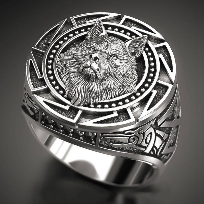 Cincin Desain Kepala Serigala Warrior Bahan Sterling Silver Gaya Punk Gothic Hip Hop Untuk Pesta