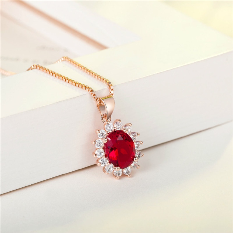 [Ready Stock]Fashion Inlaid Ruby Pendant Rose Gold Necklace