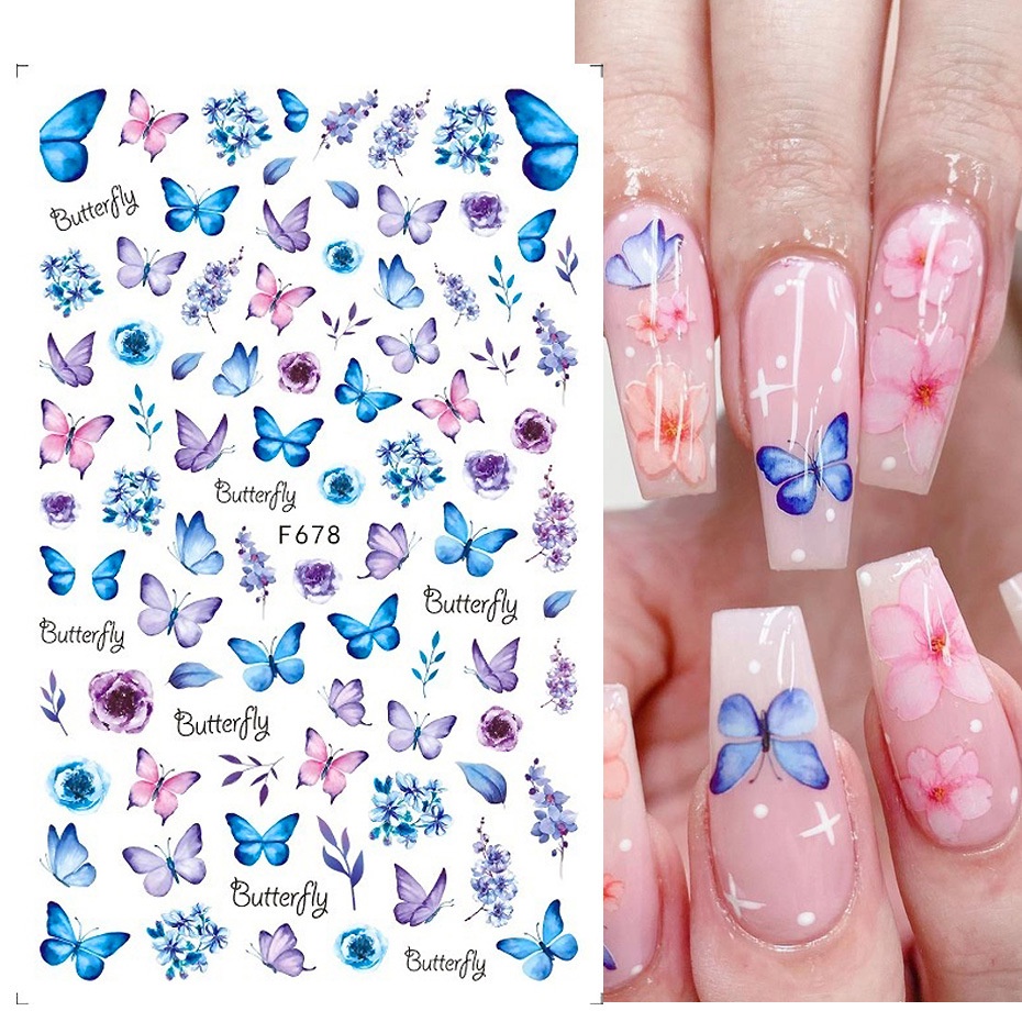 [ 1Pc Watercolor Butterfly   Blue Flowers Nails Stickers Art Decorations Nail Makeup Tools for Girls ]