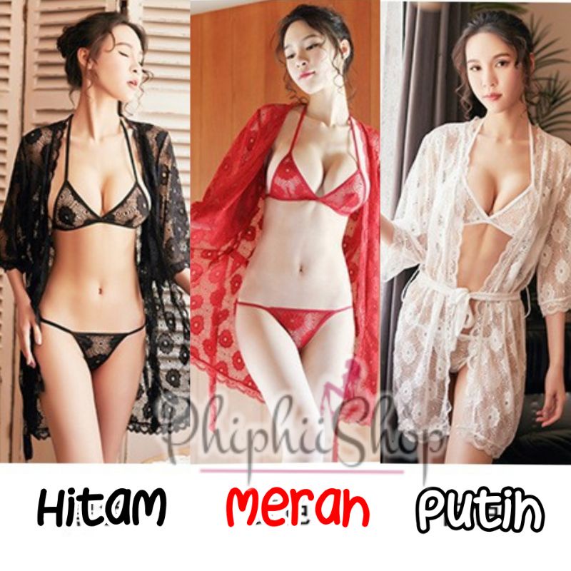 PREMIUM Sexy Lingerie Big Size XL Set Bikini Kimono + Bra + Panty Renda Bunga Hitam Merah Putih