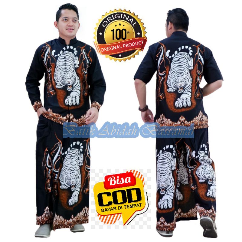 setelan celana sarung batik dan koko batik motif harimau kujang baju macan putih lapis furing sarung