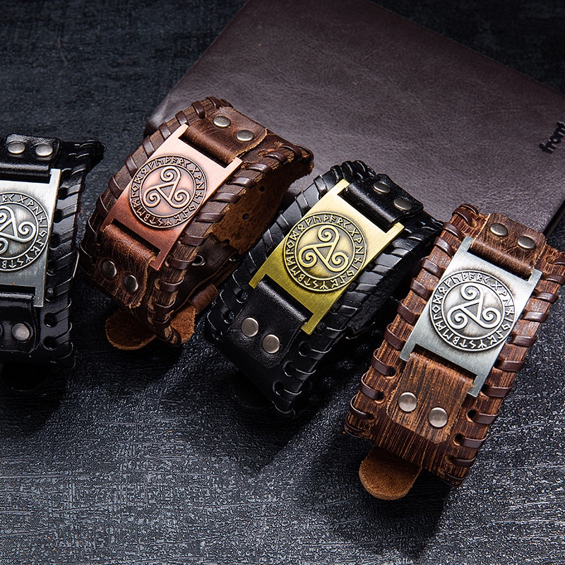 [Z H Perhiasan] Hip Hop Rock Retro Pria Fashion Stainless Steel Viking Solomon Rune Gelang Kulit Pesta Perhiasan Aksesoris