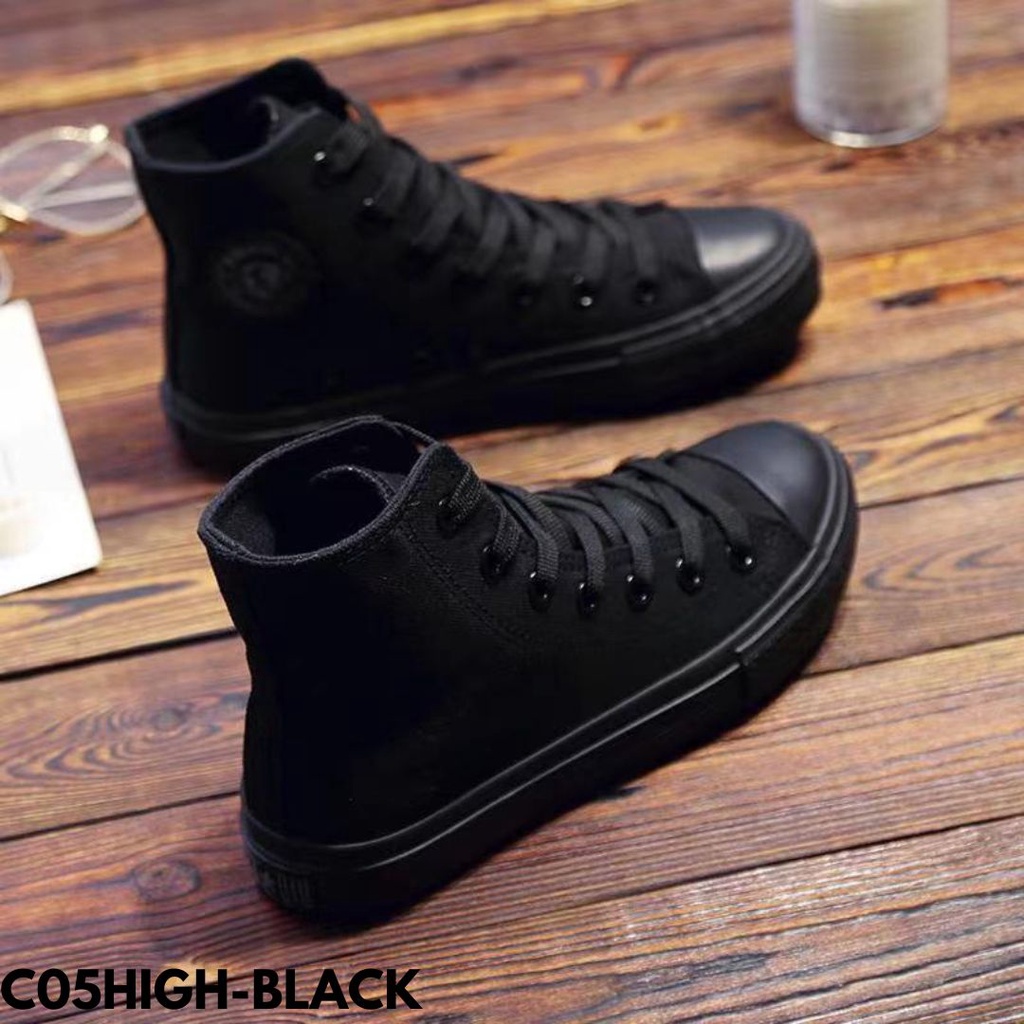 SEPATU SNEAKERS WANITA HITAM POLOS BERTALI TINGGI RENDAH SEKOLAH KAMPUS KERJA BAHAN CANVAS IMPORT 880