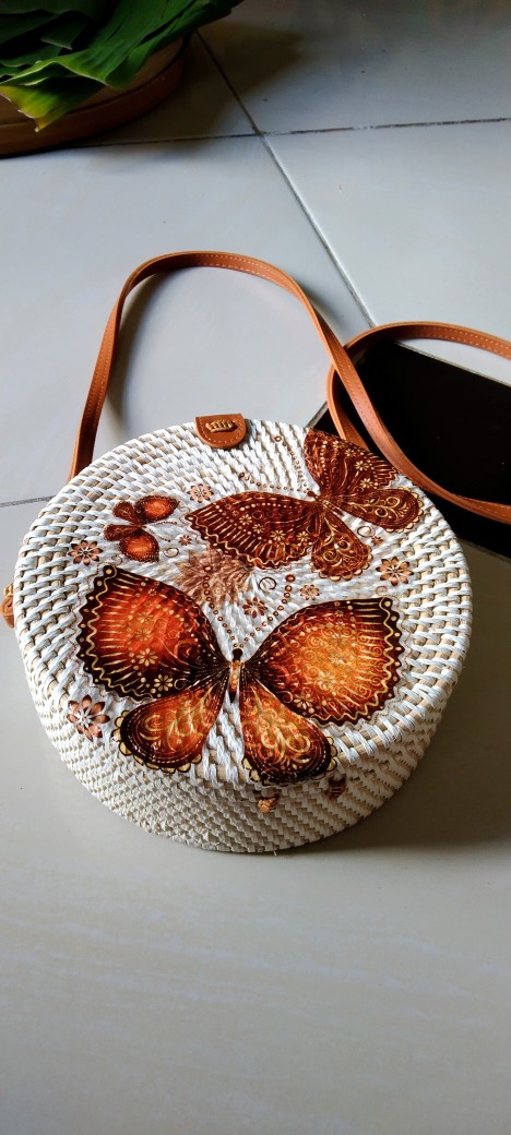 Tas Rotan Bulat Decoupage Diameter 20cm, 18cm, 15cm