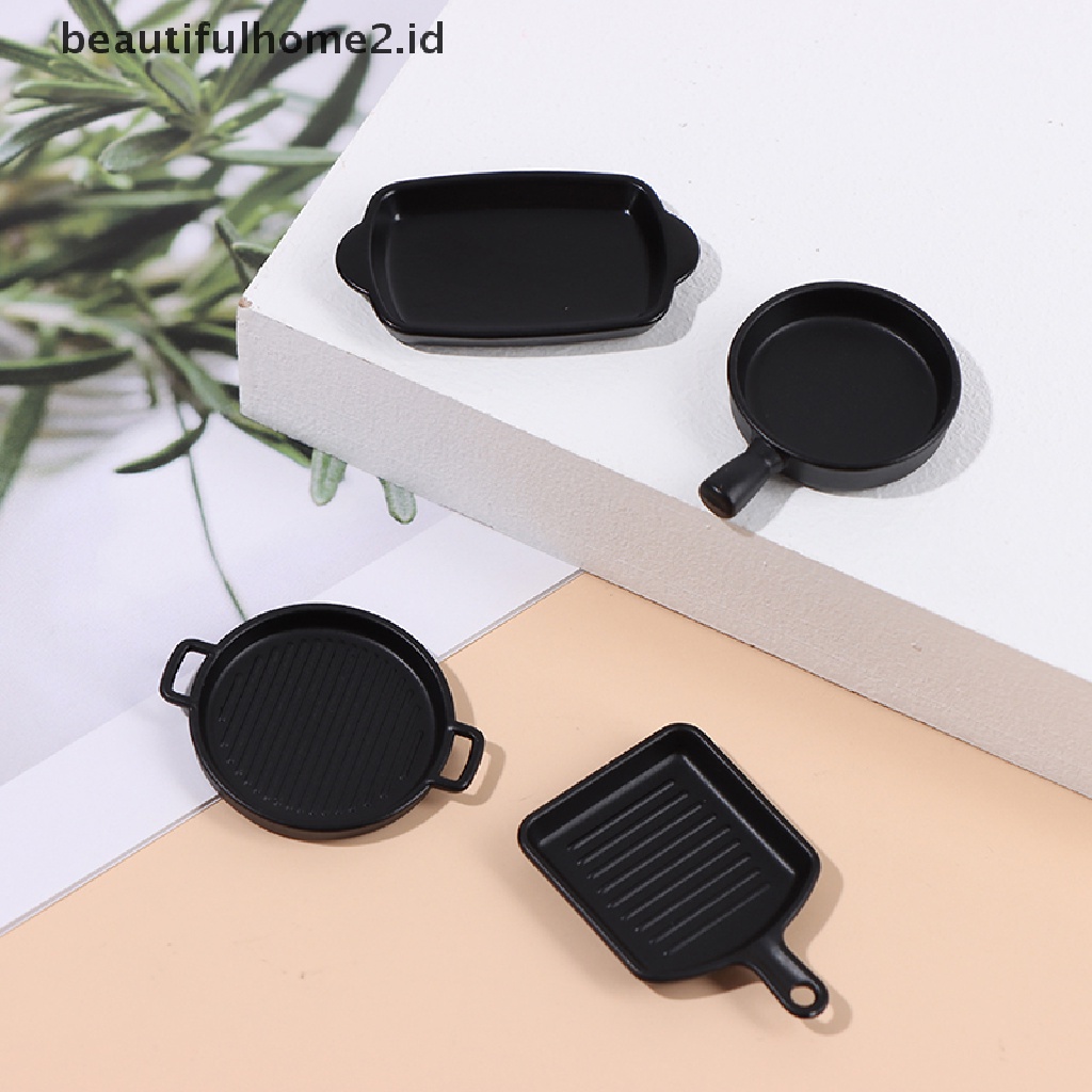 (Beautifulhome2.Id) 1 Set (4Pcs) Miniatur Piring Makan Warna Hitam Skala 1: 12 Untuk Rumah Boneka