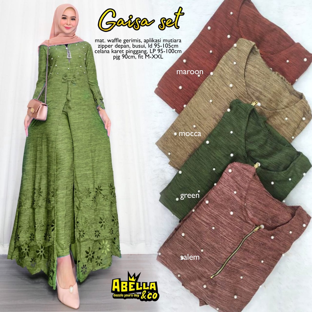 GAISA SET BY ABELLA | GAISA SETELAN ONESET LD 95-105CM BAHAN WAFFLE GERIMIS APLIKASI MUTIARA