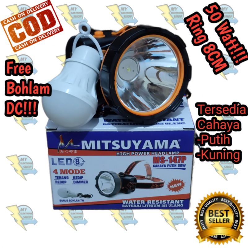 Senter Kepala LED 80Watt/50Watt MITSUYAMA MS-147P/K plus bohlam DC cahaya putih Headlamp 80W/50W Dimmer