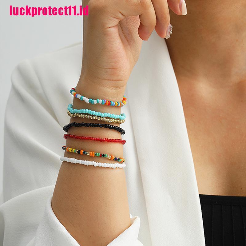 (LUCK) 7pcs / Set Gelang Tangan Elastis Aksen Manik-Manik Warna-Warni Gaya Bohemia Untuk Wanita