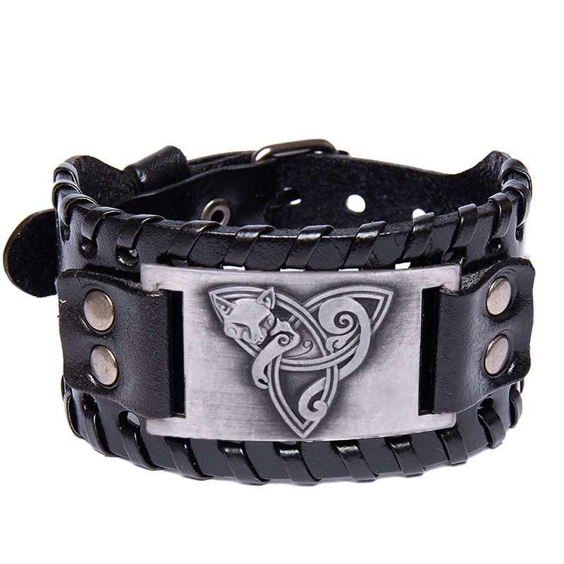 [Z H Perhiasan] Hip Hop Rock Retro Pria Fashion Stainless Steel Viking Fox Rune Gelang Kulit Pesta Perhiasan Aksesoris