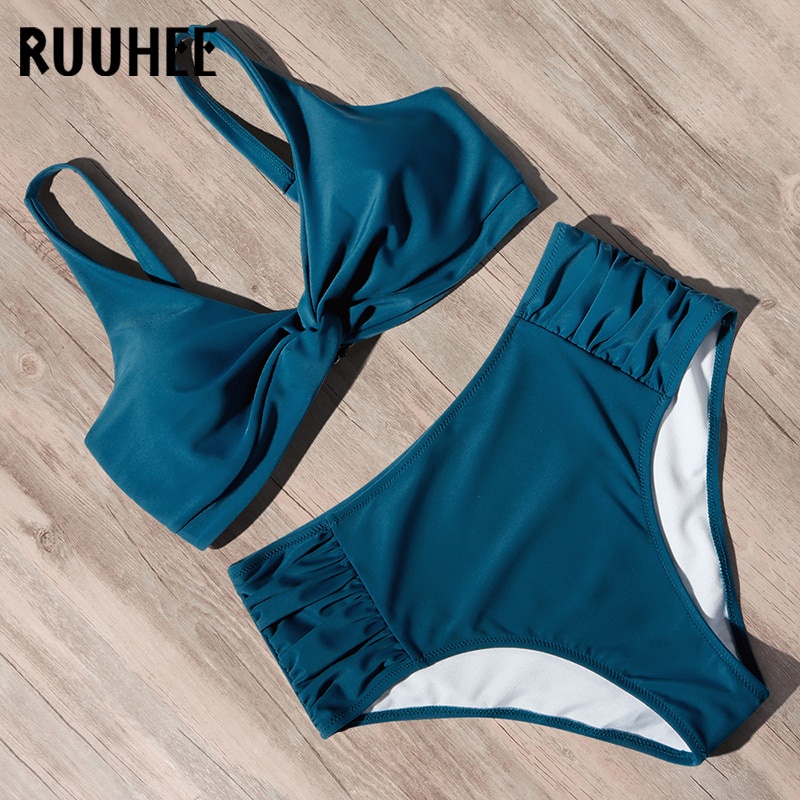 PREORDER RUUHEE Seksi Bikini Macan Tutul Padat Baju Renang High Waist Bikini dengan Pad Push Up Rena