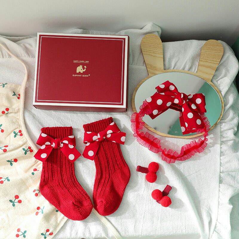 Set Natal imlek muaguek kaoskaki pita baby girl bandage socks red