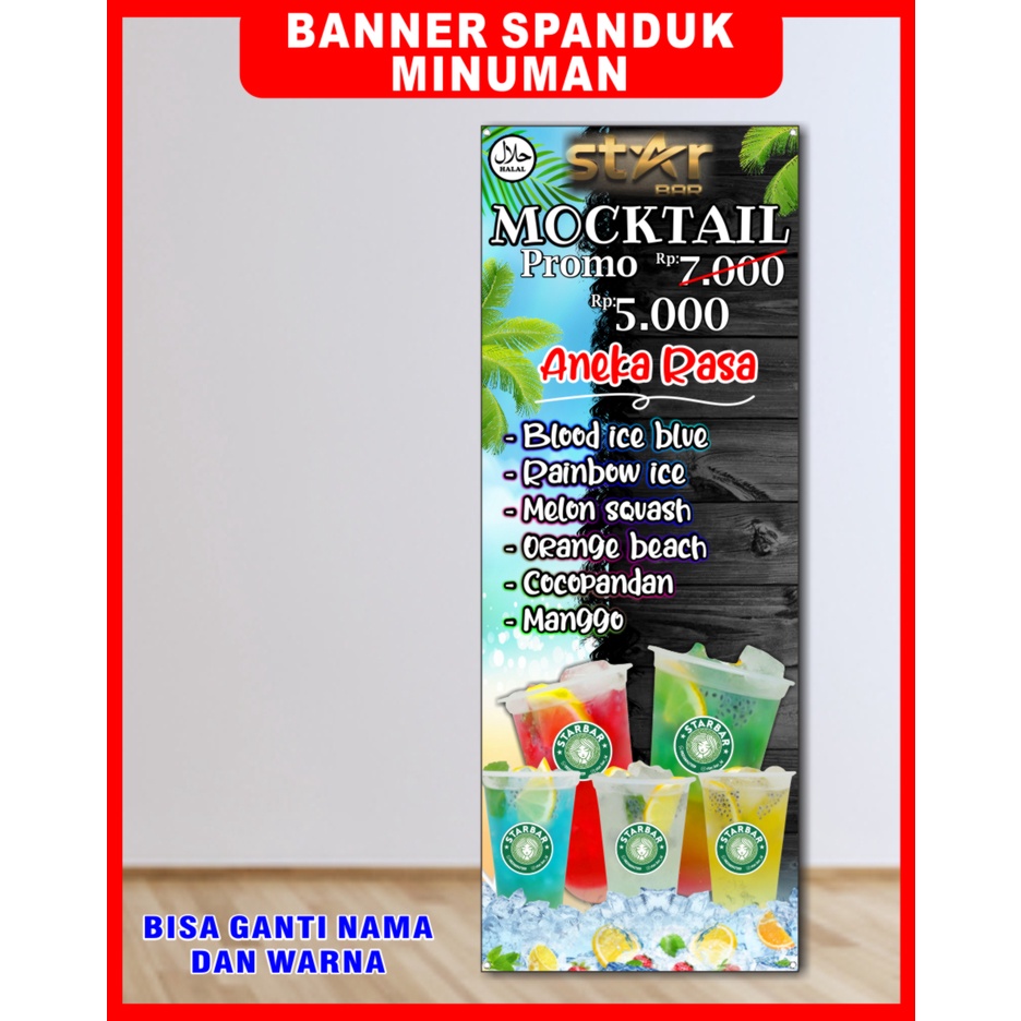 Cetak spanduk minuman Mocktail, banner minuman Mocktail 60 x 160 cm COD