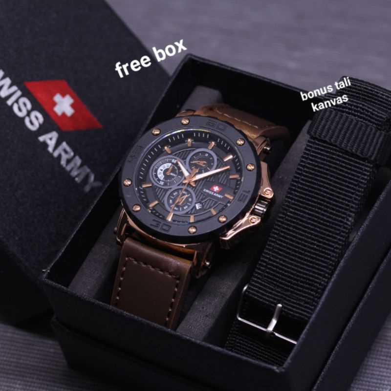 PROMO ~ Jam Tangan Pria Swis Armi Kulit Chrono Variasi Free Box & Tali Kanvas