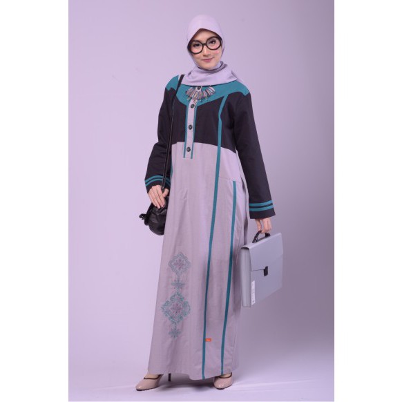 Baju gamis couple Motif Bordir Busui Warna abu abu biru tosca NIBRAS NB 159
