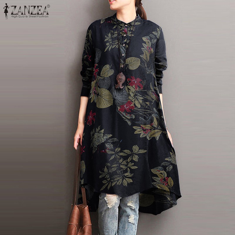 ZANZEA Women Buttons O Neck Long Sleeve Floral Print Long Blouse