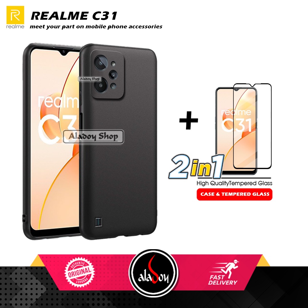 Case Black Matte Realme C31 2022 New Casing + Tempered Glass Full Cover