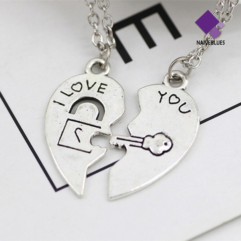 Naiveblue Kalung Rantai Liontin Gembok Hati Motif Tulisan I Love You Untuk Pasangan / Pria / Wanita