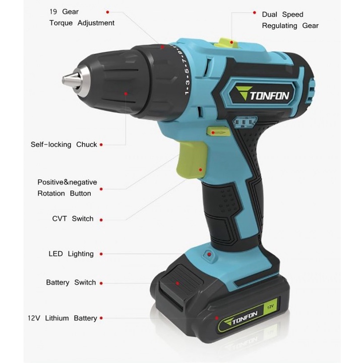 T71 TONFON Bor Obeng Elektrik 12V Cordless Impact Power Drill Rechargeable