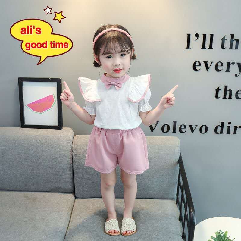 KF Cat Baju setelan anak perempuan korea style polos kemeja+celana pendek set leher bulat kancing belakang-3