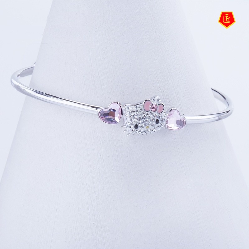 [Ready Stock]Elegant Pink Heart-Shaped Crystal Cartoon Cat Bracelet