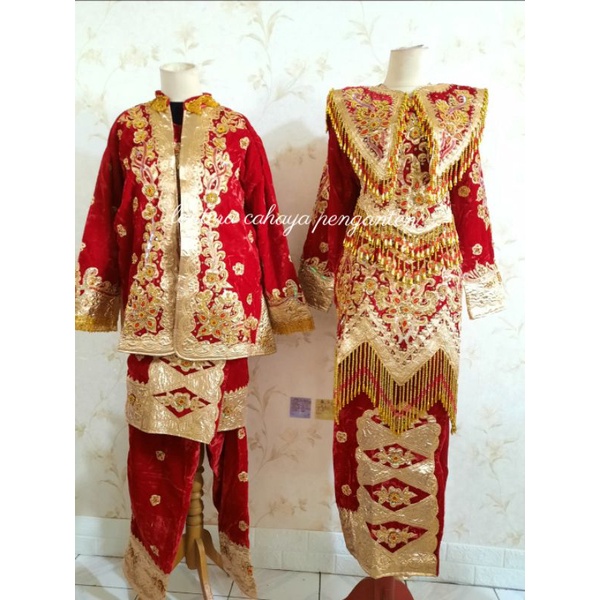 baju pengantin minang set cewe cowo lengkap warna merah termurah