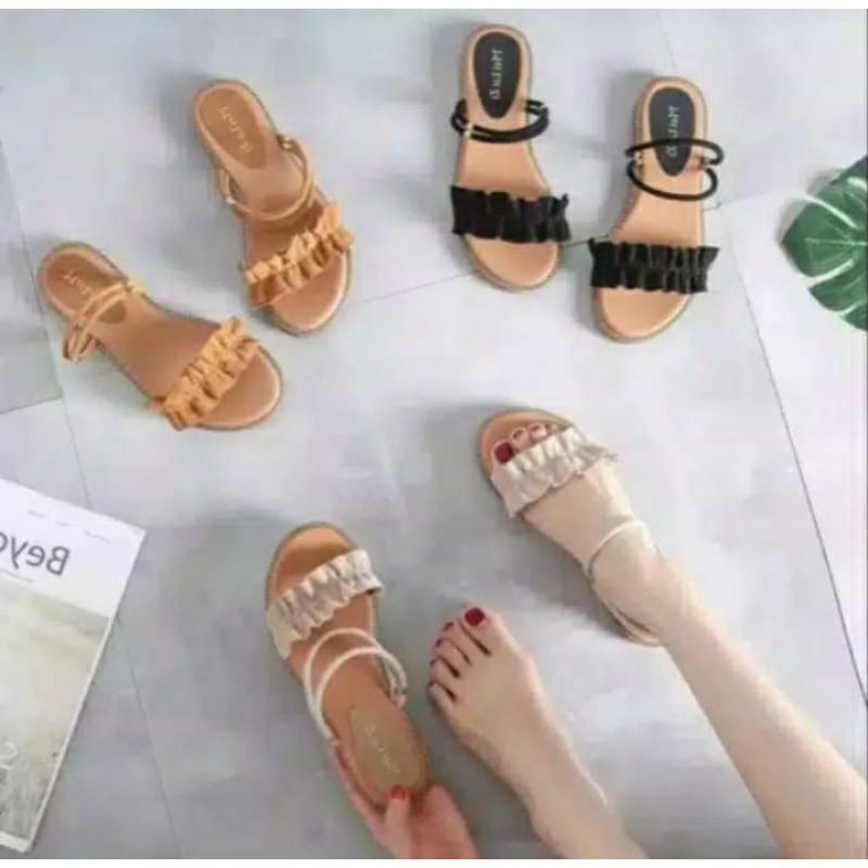 sandal teplek wanita kerut tali belakang