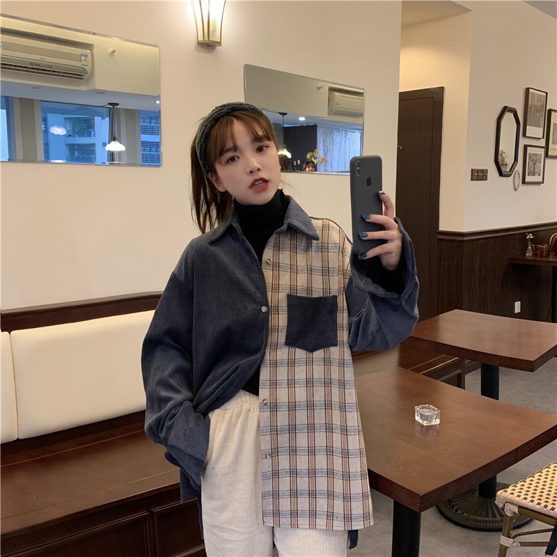 Kemeja Kotak-kotak Wanita korean style Jaket Lengan Panjang Retro atasanatasan wanita kaos wanita/One Set Wanita/Celana Kulot Highwaist Loose Pant