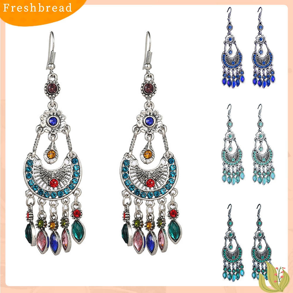 Fresh| Anting Kait Gantung Wanita Desain Bulan Sabitrumbai Panjang Hias Berlian Imitasi Gaya Bohemian Untuk Hadiah