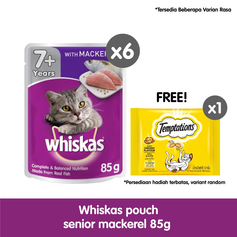 WHISKAS® Makanan Kucing Basah Pouch Senior rasa Mackerel 85gr -  Isi 6