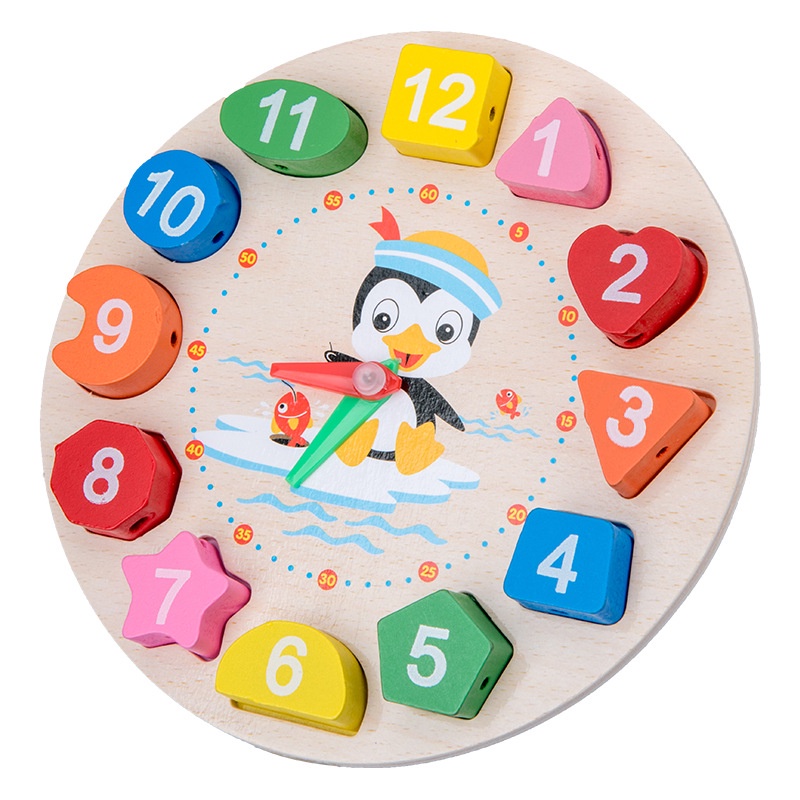 WE Penguin Beaded Clock mainan edukasi jam Penguin dan meronce/ jam kayu / jam geometri/ puzzle bentuk/ mainan kayu