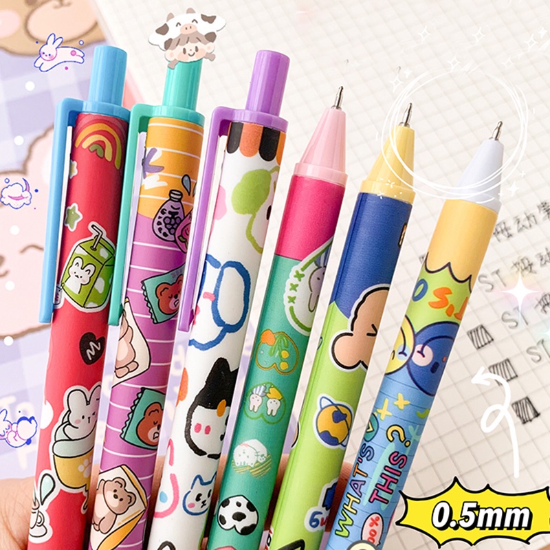 6pcs Pulpen Gel Tinta Hitam 0.5mm Motif Kartun Warna-Warni Untuk Pelajar