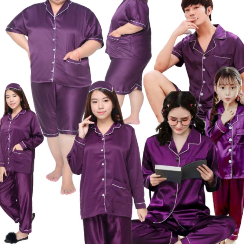 baju tidur satin polos setelan / SET couple ibu anak ungu