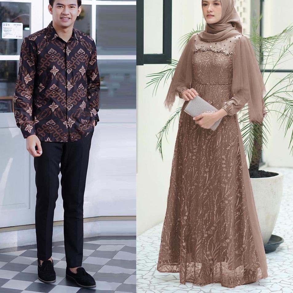 READY Baju Batik Couple Gamis Brukat | Batik Couple Baju Tunangan - Gamis Brukat Couple - Batik Coup