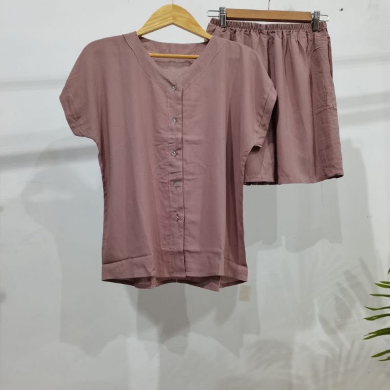 PIYAMA KANCING PENDEK | PIYAMA RAYON | BAJU TIDUR RAYON-VN mouve
