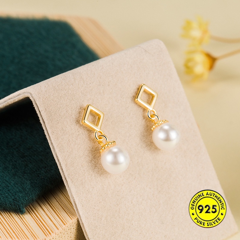 Anting Tusuk Motif Geometri Hias Mutiara Imitasi Ala Perancis / Vintage Untuk Wanita