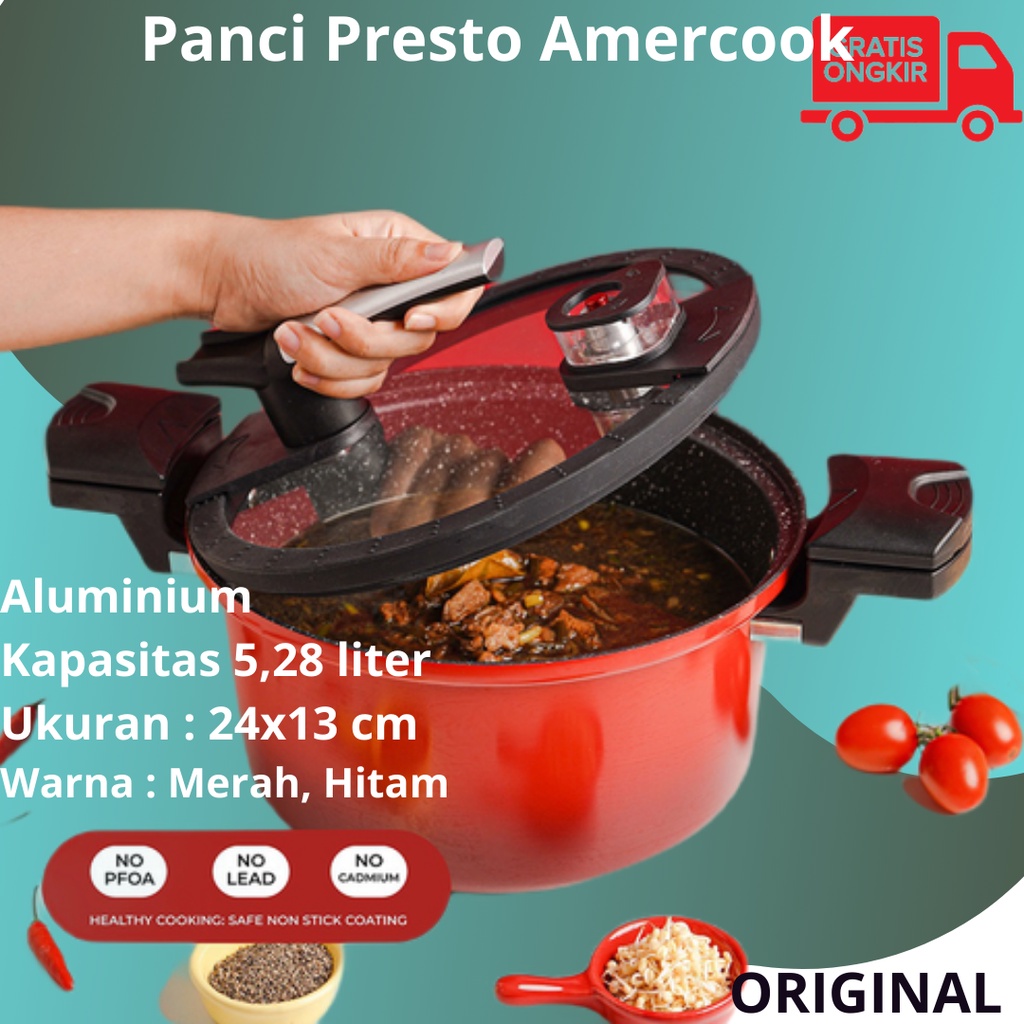 Panci Presto Amercook Aluminium Pan Pressto Anti Lengket Fresh Cook low pressure Cooker 5L murah cod