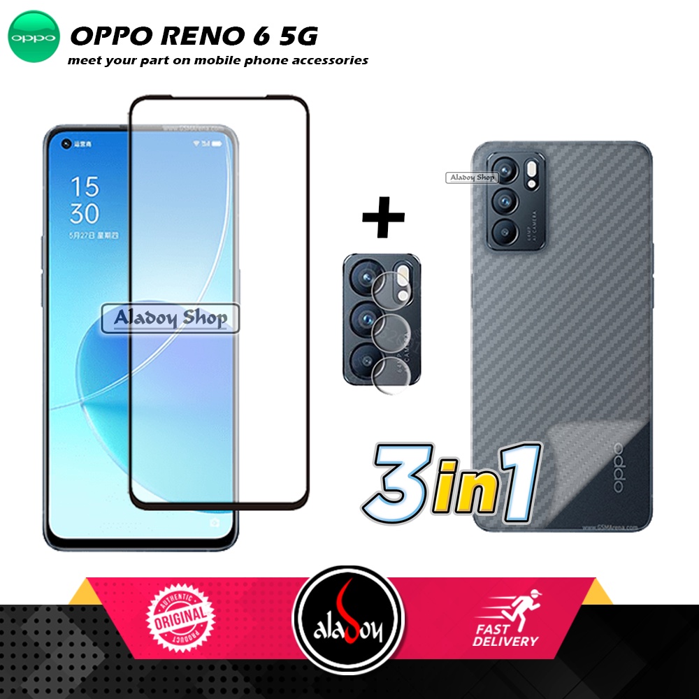 PAKET 3 IN 1 Tempered Glass Layar Oppo Reno 6 5G 2021 Free Tempered Glass Camera dan Skin Carbon 3D