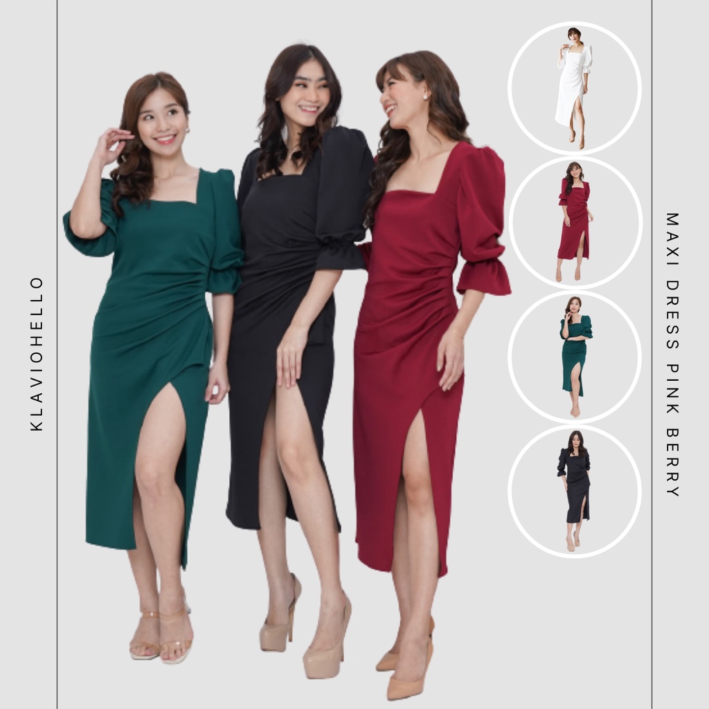 KLAVIOHELLO - MAXI DRESS LENGAN BALON / PUFF SLEEVE SQUARE NECK SCUBA PINK DRAPERY BERRY