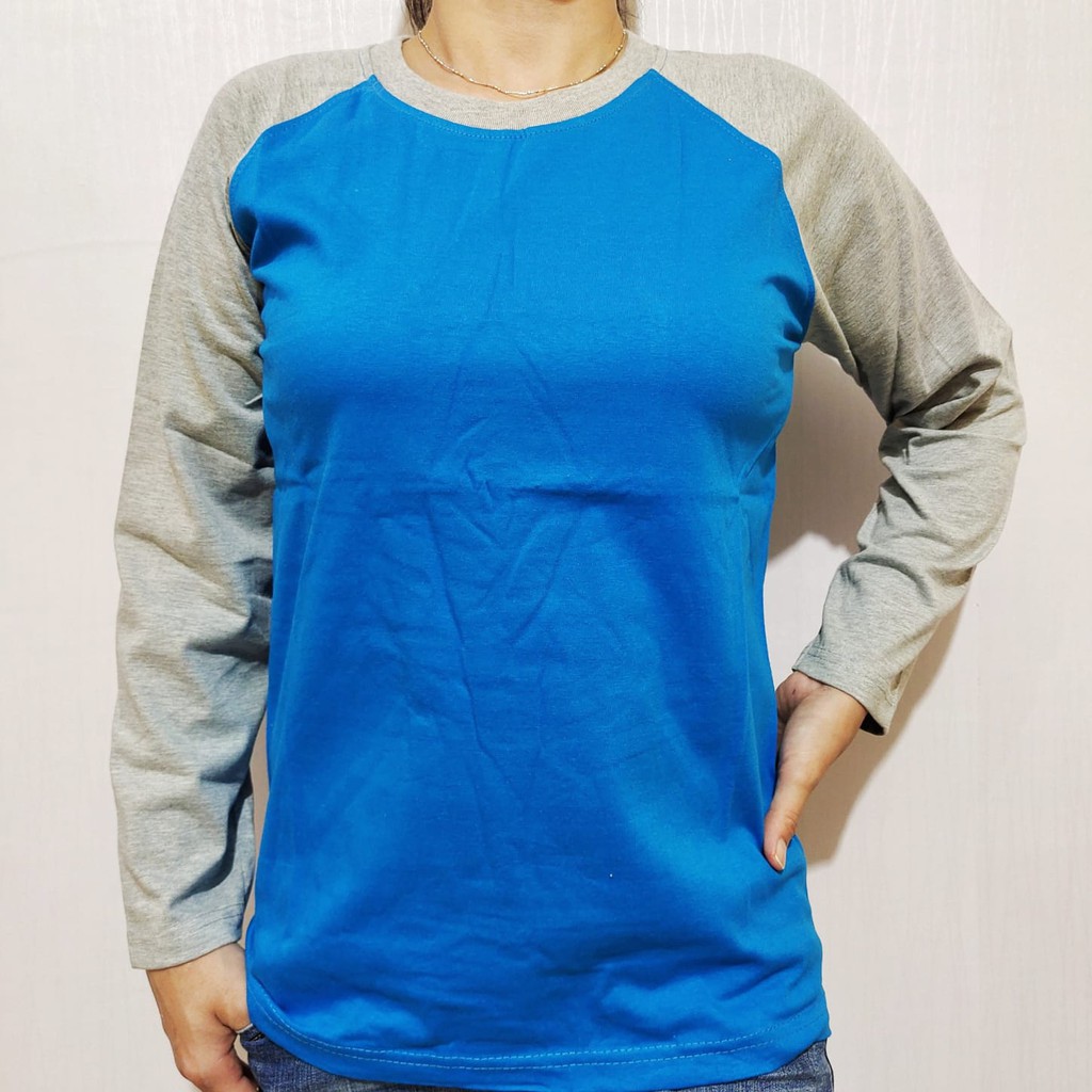 Kaos polos raglan biru turkis lengan abu misty panjang M L XL XXL