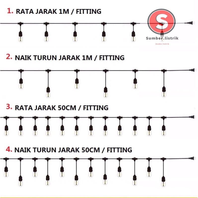 Fitting Lampu Gantung Outdoor 10 Meter 20 Fiting / Waterproof / 10 Meter 10 Fitting LAMPU GANTUNG CAFE 20 M / 10 M dekorasi/Kabel Fitting Outdor/Lampu Hias Cafe