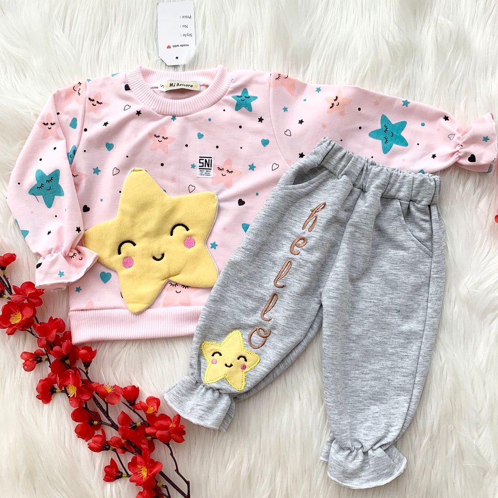 Baju setelan sweater dan celana panjang jogger bayi cewek anak perempuan pergi jalan keren -swe