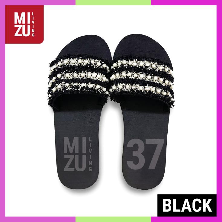 Sandal Wanita Wedges Flip Flop Chanel Tweed Inspired Mutiara Pearls Black Hitam, 37