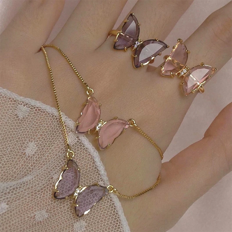 Korean Cute Butterfly Choker Necklaces / Crystal Glass Butterfly Pendant  Clavicle Chain Necklaces