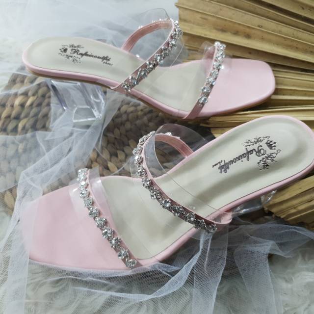 Sandal wanita kaca sandal cantik diamont double tinggi 7cm